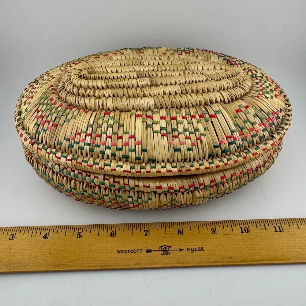 Handmade Woven Lidded Basket Medium Natural Red Green Excellent Boho Oval Decor